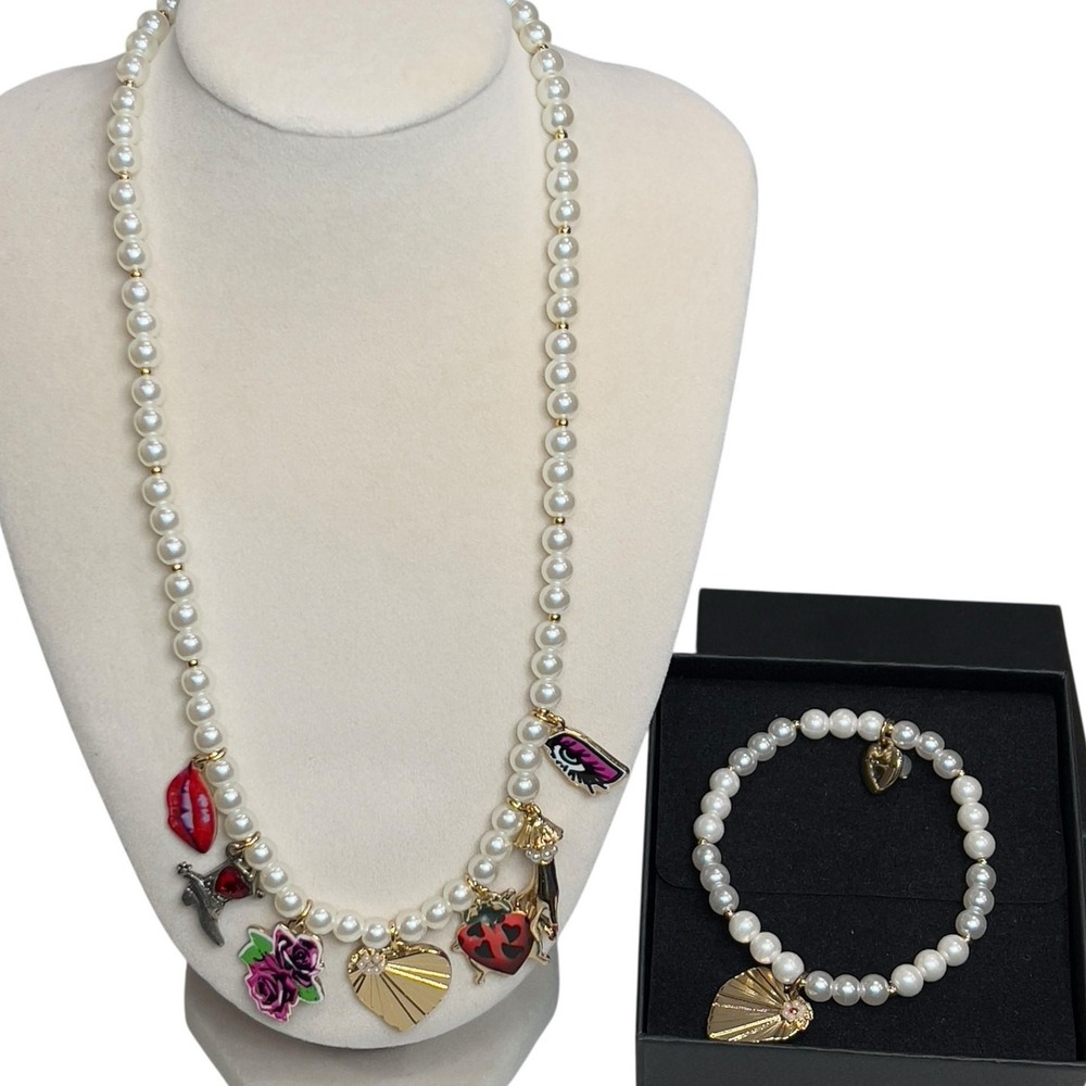 Betsey Johnson Charm Necklace & Bracelet White Gold Heart Glam Costume Jewelry